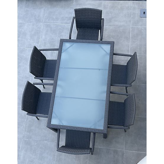 Set di mobili da pranzo in tecnorattan (tavolo 150×90 cm + 6 sedie) AVVICENTE, nero