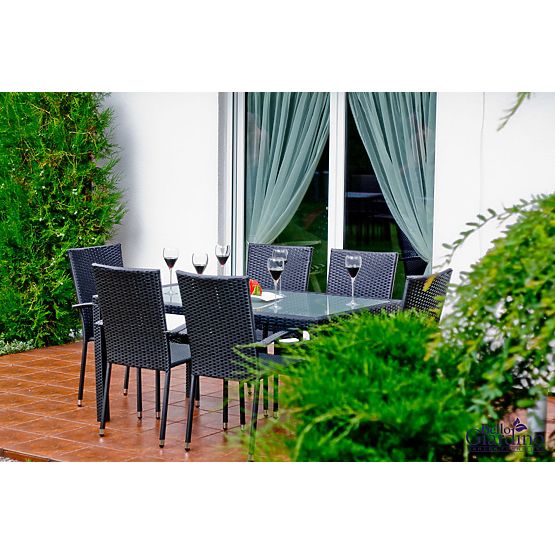 Set di mobili da pranzo in tecnorattan (tavolo 150×90 cm + 6 sedie) AVVICENTE, nero