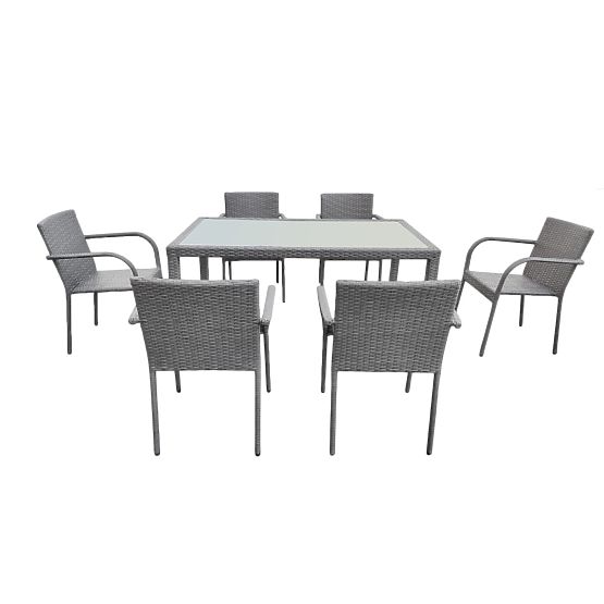 Set di mobili da pranzo in tecnorattan (tavolo 150x90cm + 6 sedie) AVVICENTE grigio
