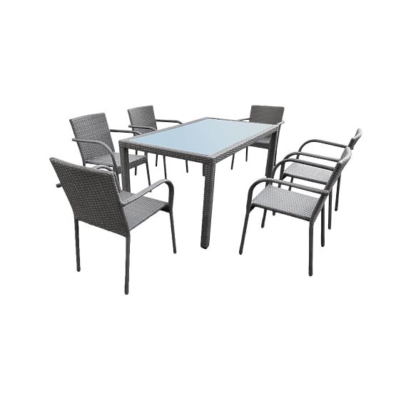 Set di mobili da pranzo in tecnorattan (tavolo 150x90cm + 6 sedie) AVVICENTE grigio