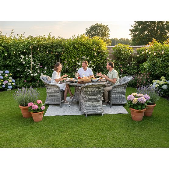 Set di mobili da tavolo in tecnorattan (4 poltrone + tavolo rotondo) MODERNO grigio chiaro