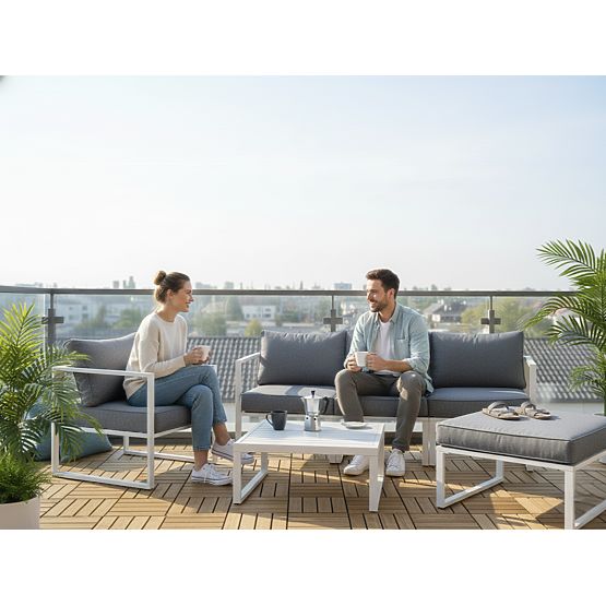 Set di mobili in alluminio per terrazza (Divano 204 cm, poltrona, pouf + tavolino) MOSTRARE Bianco