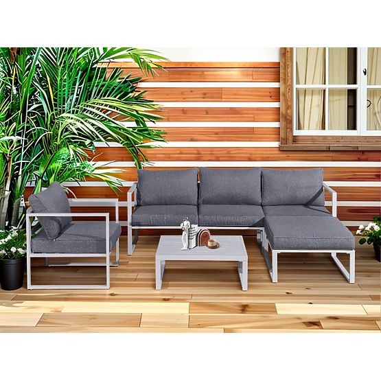 Set di mobili in alluminio per terrazza (Divano 204 cm, poltrona, pouf + tavolino) MOSTRARE Bianco