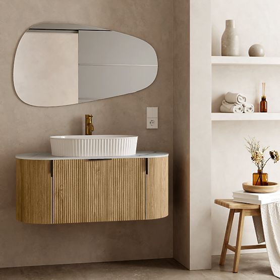 Set mobile con piano e lavabo La simplicite 100 cm, scanalato, arrotondato, Glit White/rovere