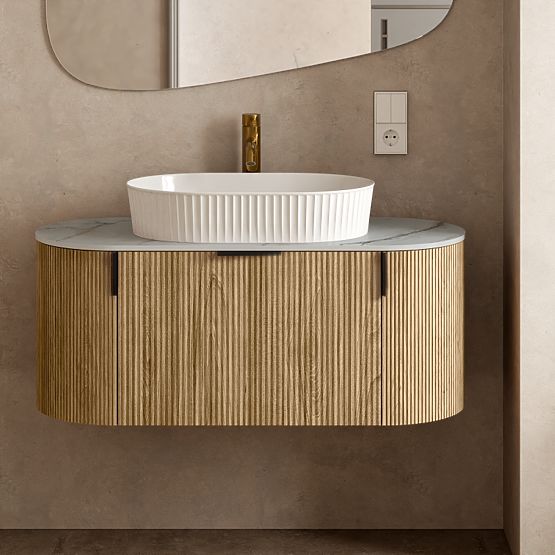 Set mobile con piano e lavabo La simplicite 100 cm, scanalato, arrotondato, Glit White/rovere