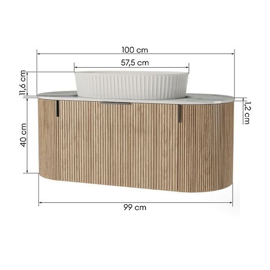 Set mobile con piano e lavabo La simplicite 100 cm, scanalato, arrotondato, Glit White/rovere