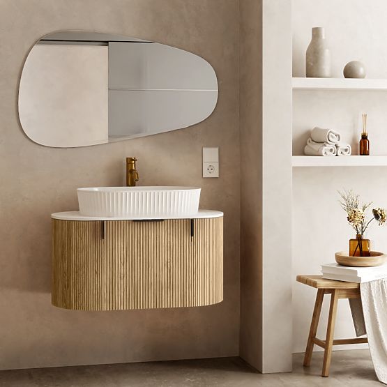 Set mobile con piano e lavabo La simplicite 80 cm, scanalato, arrotondato, Glit White/rovere