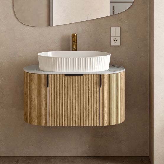 Set mobile con piano e lavabo La simplicite 80 cm, scanalato, arrotondato, Glit White/rovere