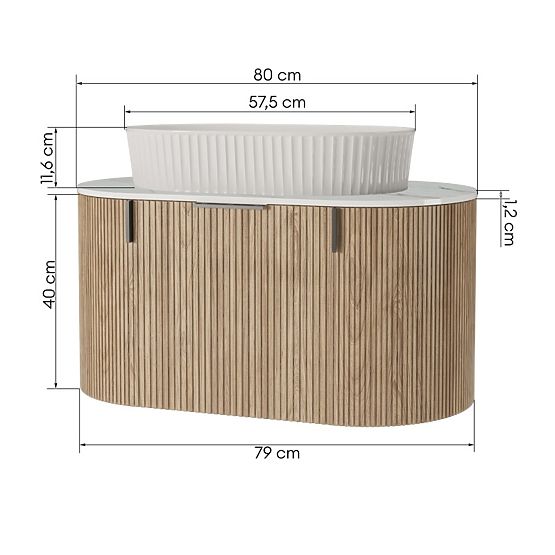 Set mobile con piano e lavabo La simplicite 80 cm, scanalato, arrotondato, Glit White/rovere