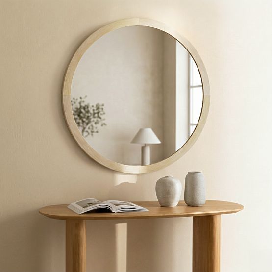 Specchio sospeso con cornice in legno Sesto 60 cm, rotondo, naturale