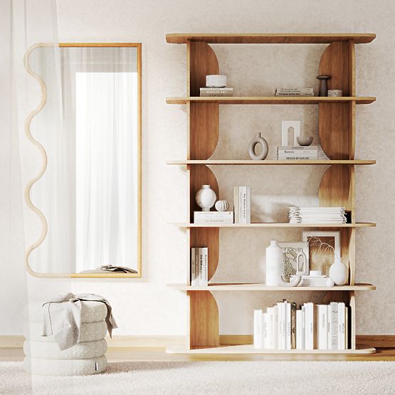 Specchio sospeso in cornice ondulata Noelie, 140x70 cm, rettangolare, legno di paulownia, naturale