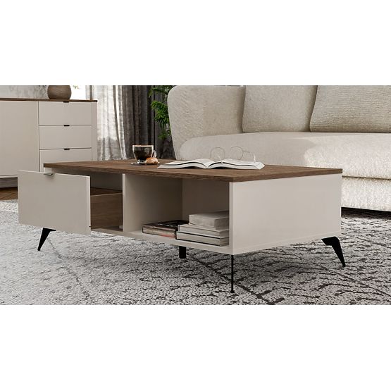 Tavolino da caffè CORDOBA Beige Cashmere Rovere Castello 2 Cassetti per Soggiorno