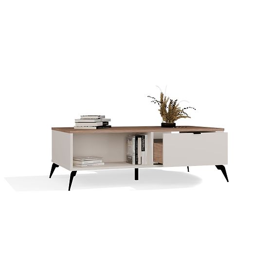 Tavolino da caffè CORDOBA Beige Cashmere Rovere Castello 2 Cassetti per Soggiorno