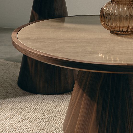 Tavolino da caffè Kyoto 80 cm, rotondo, travertino/noce