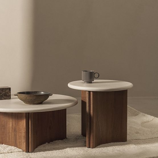 Tavolino da caffè Marlo 80 cm, bianco crema/noce, microcemento