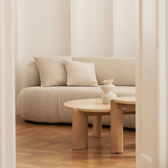 Tavolino da caffè Medley 90 cm, rotondo, travertino/frassino