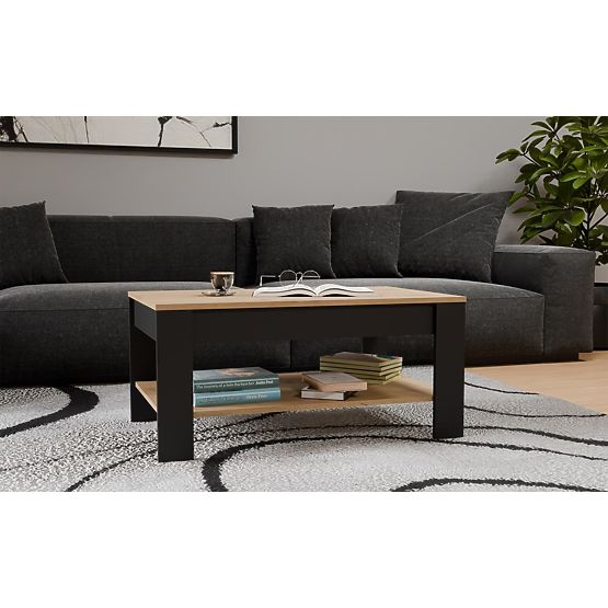 Tavolino da caffè OHIO ROVERE ARTIGIANO NERO Tavolo con Ripiano per Soggiorno 93x58x43,5 cm