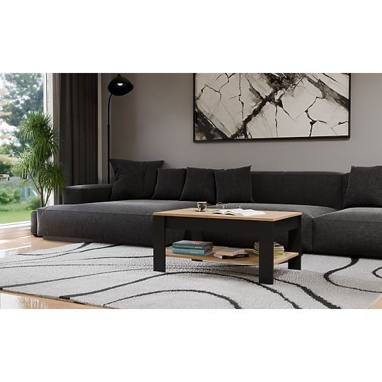 Tavolino da caffè OHIO ROVERE ARTIGIANO NERO Tavolo con Ripiano per Soggiorno 93x58x43,5 cm