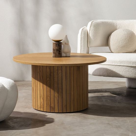 Tavolino da caffè Remigio 80 cm, rotondo con lamelle, rovere