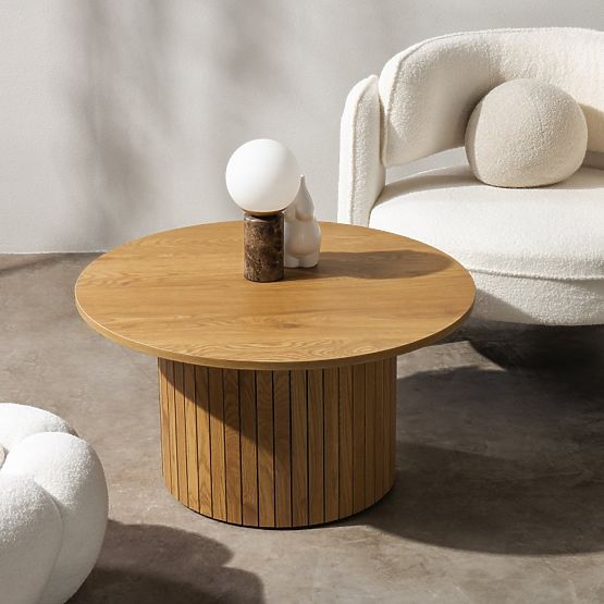 Tavolino da caffè Remigio 80 cm, rotondo con lamelle, rovere
