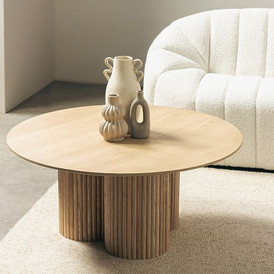Tavolino da caffè rotondo Vesby 100 cm, rovere naturale, frassino, lamelle