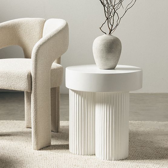 Tavolino da caffè Salerno 45 cm, rotondo, bianco, con scanalature