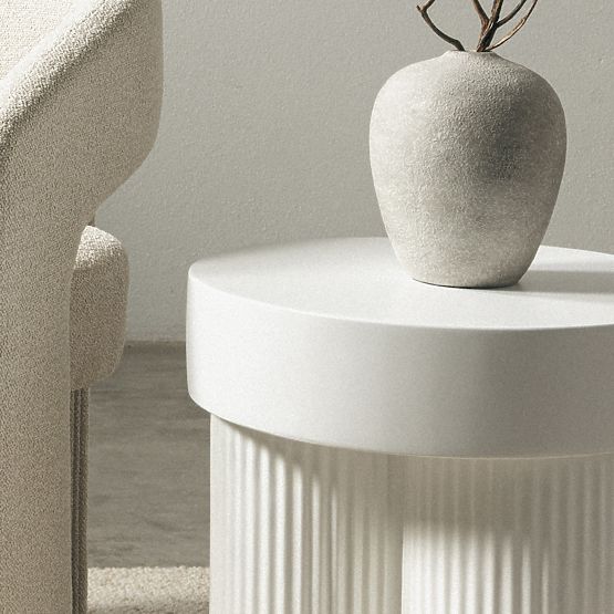 Tavolino da caffè Salerno 45 cm, rotondo, bianco, con scanalature