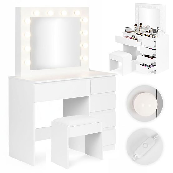 Tavolino da toeletta cosmetico con specchio e illuminazione 5 cassetti sgabello ModernHome