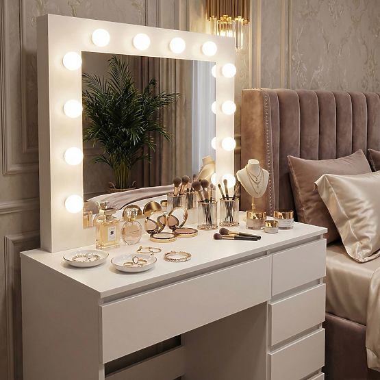 Tavolino da toeletta cosmetico con specchio e illuminazione 5 cassetti sgabello ModernHome