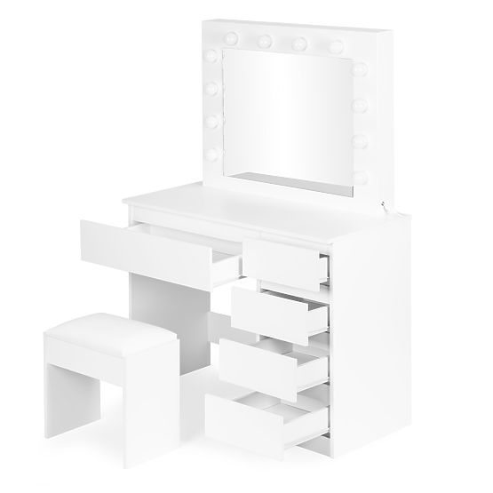Tavolino da toeletta cosmetico con specchio e illuminazione 5 cassetti sgabello ModernHome