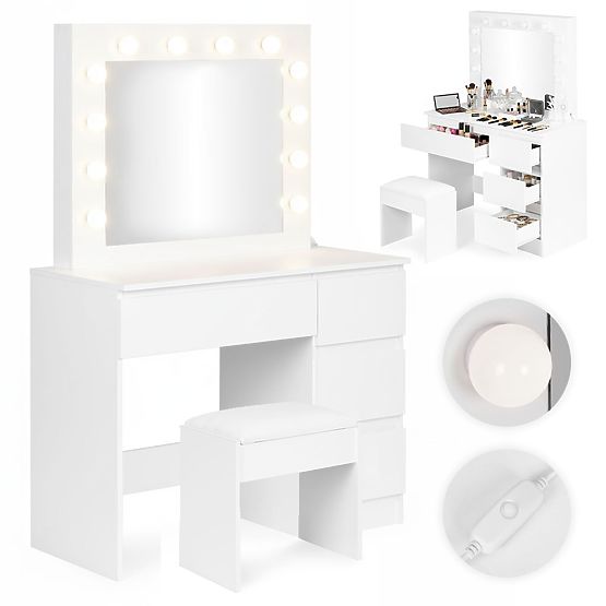 Tavolino da toeletta cosmetico con specchio e illuminazione LED 4 cassetti sgabello ModernHome