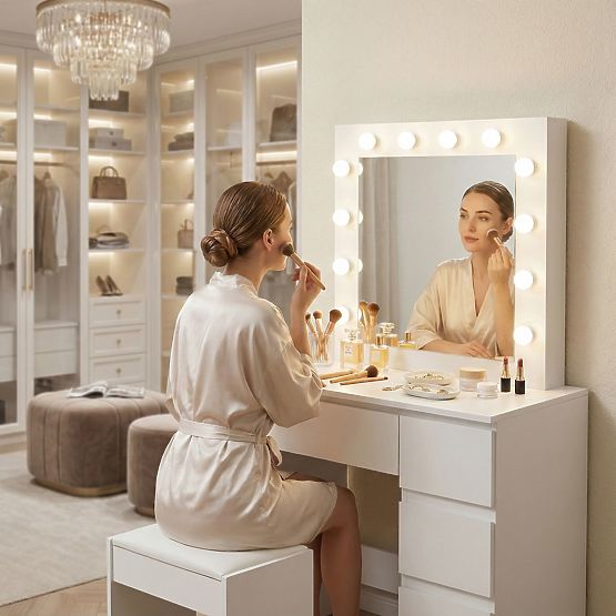Tavolino da toeletta cosmetico con specchio e illuminazione LED 4 cassetti sgabello ModernHome