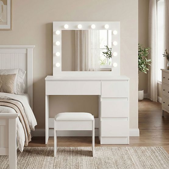 Tavolino da toeletta cosmetico con specchio e illuminazione LED 4 cassetti sgabello ModernHome