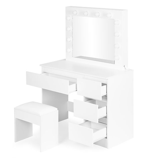 Tavolino da toeletta cosmetico con specchio e illuminazione LED 4 cassetti sgabello ModernHome