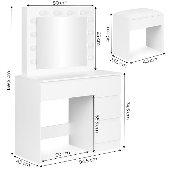 Tavolino da toeletta cosmetico con specchio e illuminazione LED 4 cassetti sgabello ModernHome
