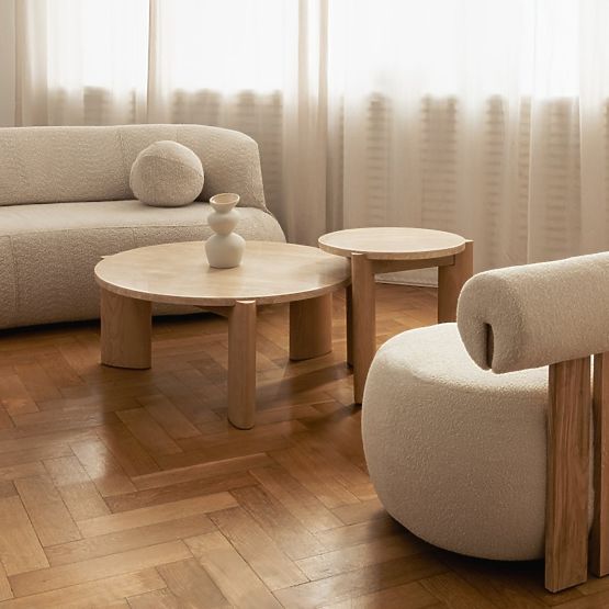 Tavolino laterale Medley 50 cm, rotondo, travertino/frassino