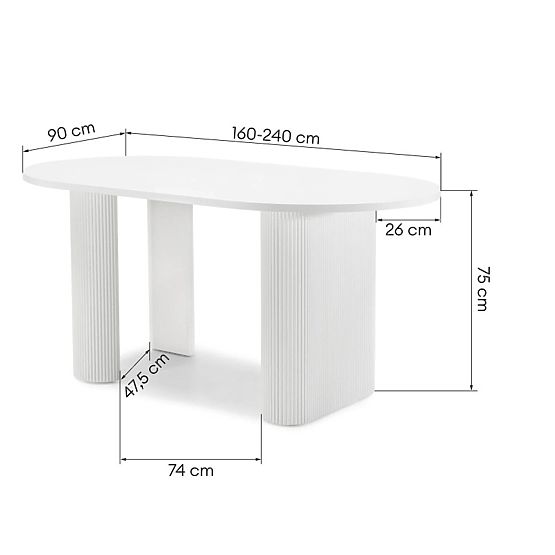 Tavolo allungabile Audrey 160-240 cm, ovale, bianco, con scanalature, forme arrotondate