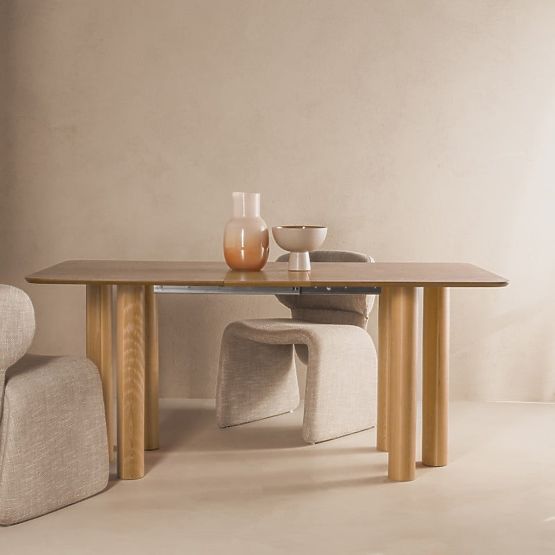 Tavolo allungabile Loa 140-200 cm, impiallacciatura di quercia, naturale, legno di faggio, arrotonda