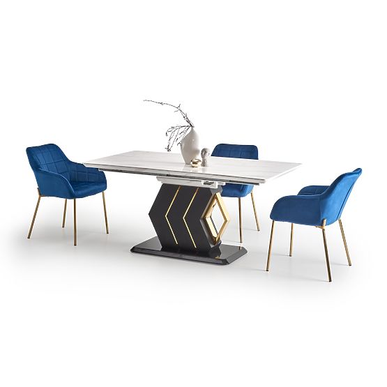 Tavolo allungabile VINCENZO piano: marmo bianco, gambe nere/oro (3p=1ks)