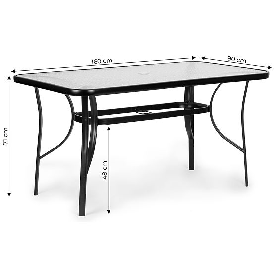 Tavolo da giardino 160x90 cm vetro temperato grande piano per terrazza giardino foro per ombrellone 