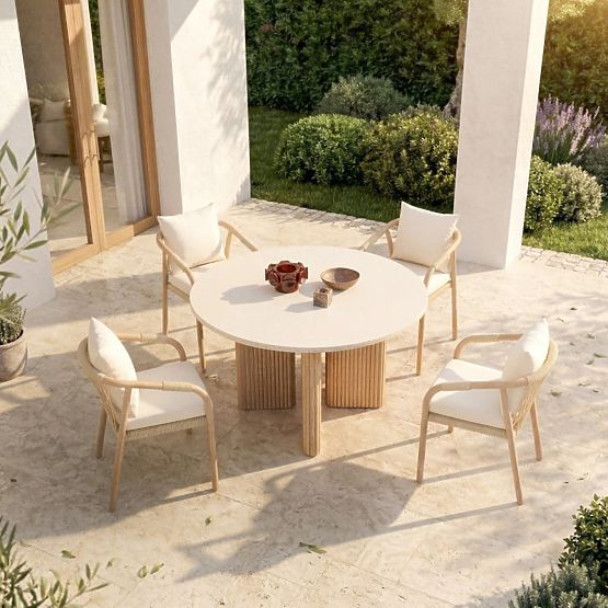 Tavolo da giardino Komorebi 130 cm con piano in pietra, legno di acacia chiaro/beige chiaro, rotondo