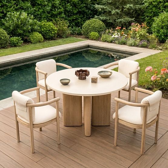 Tavolo da giardino Komorebi 130 cm con piano in pietra, legno di acacia chiaro/beige chiaro, rotondo