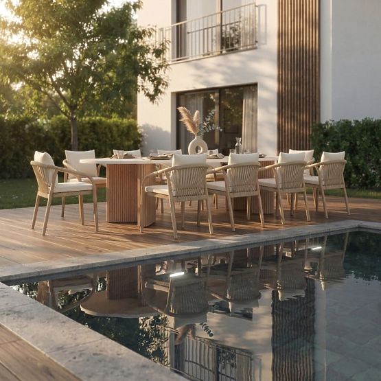 Tavolo da giardino Komorebi 270 cm con piano in pietra, legno di acacia chiaro/beige chiaro, ovale, 