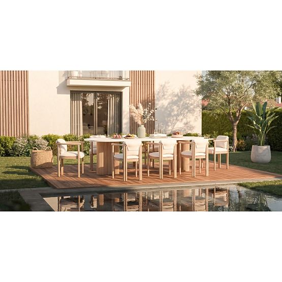 Tavolo da giardino Komorebi 270 cm con piano in pietra, legno di acacia chiaro/beige chiaro, ovale, 
