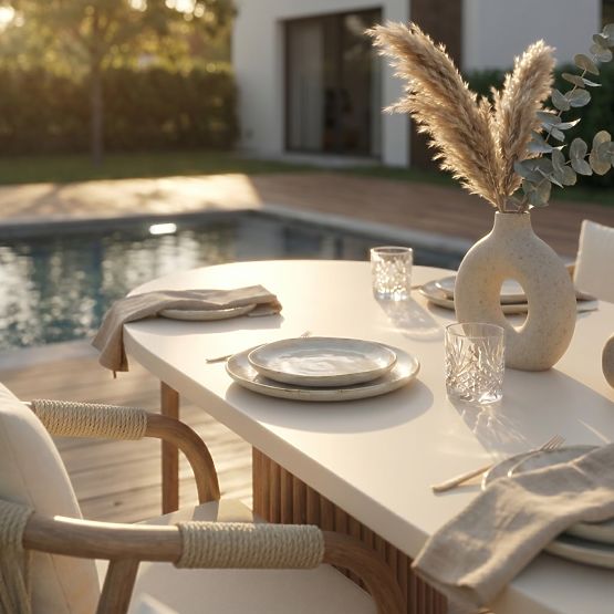 Tavolo da giardino Komorebi 270 cm con piano in pietra, legno di acacia chiaro/beige chiaro, ovale, 