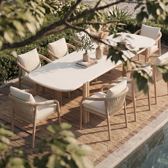 Tavolo da giardino Komorebi 280 cm con piano in pietra, legno di acacia chiaro/beige chiaro, rettang