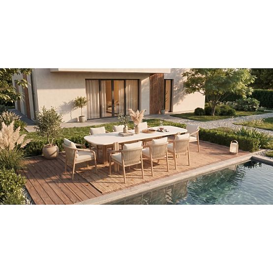 Tavolo da giardino Komorebi 280 cm con piano in pietra, legno di acacia chiaro/beige chiaro, rettang