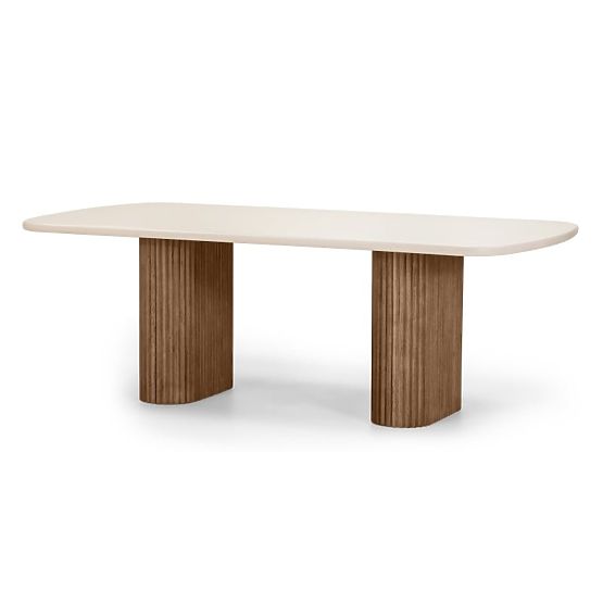 Tavolo da giardino Rovigo 220 cm con piano in pietra, legno di acacia scuro/beige chiaro, forme arro