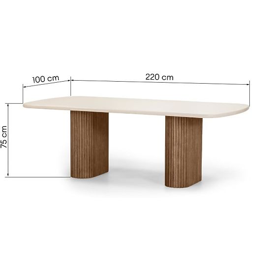 Tavolo da giardino Rovigo 220 cm con piano in pietra, legno di acacia scuro/beige chiaro, forme arro