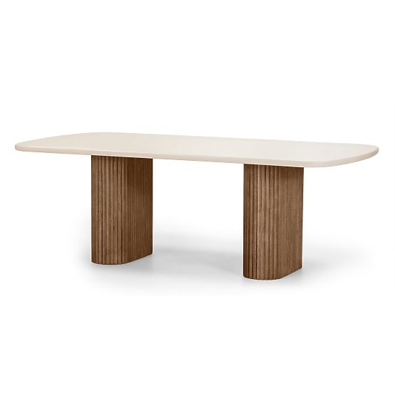 Tavolo da giardino Rovigo 220 cm con piano in pietra, legno di acacia scuro/beige chiaro, forme arro